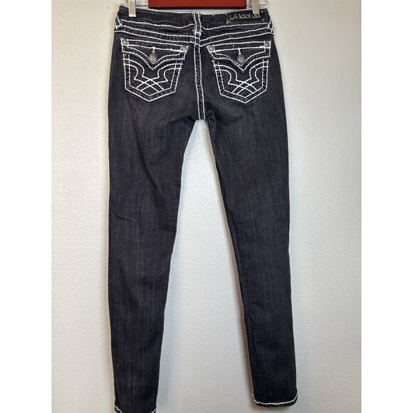 LA IDOL EMBELLISHED BLACK SKINNY JEANS SZ 5 Thick White Stitch Low Rise‎ - Picture 6 of 11